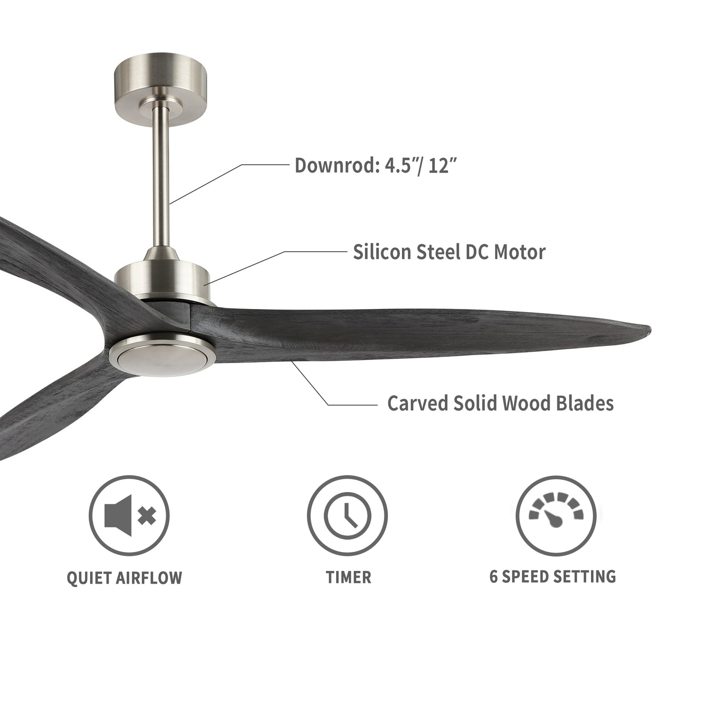 60" Silver Ceiling Fan with Gray Wood Blades – Modern 3-Blade Fan with Remote