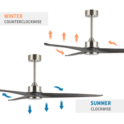 60" Silver Ceiling Fan with Gray Wood Blades – Modern 3-Blade Fan with Remote