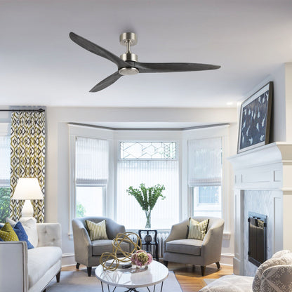 60" Silver Ceiling Fan with Gray Wood Blades – Modern 3-Blade Fan with Remote