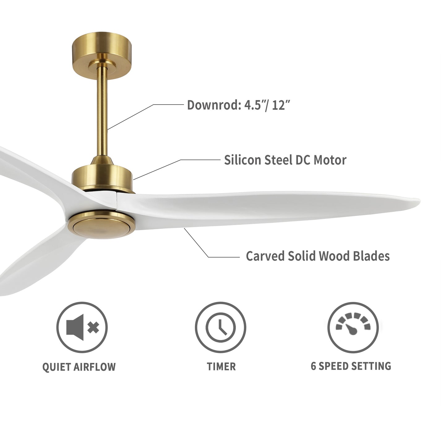 60" Gold Ceiling Fan with White Wood Blades – Modern 3-Blade Fan with Remote