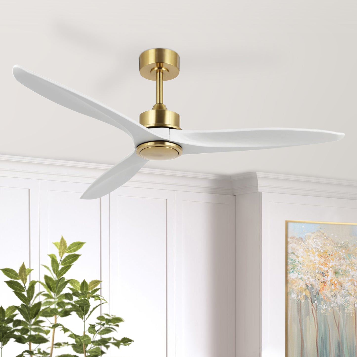 60" Gold Ceiling Fan with White Wood Blades – Modern 3-Blade Fan with Remote