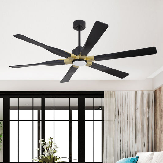 68" Black Ceiling Fan with Gold Accents and LED Light – 6-Blade Modern Remote Fan