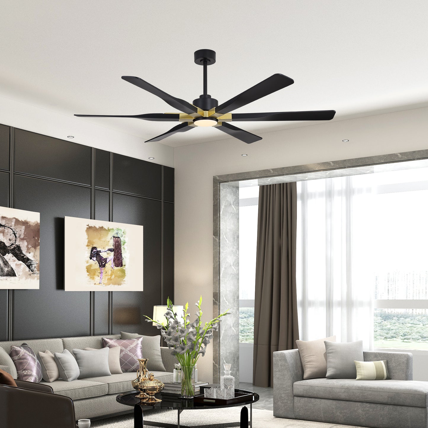68" Black Ceiling Fan with Gold Accents and LED Light – 6-Blade Modern Remote Fan