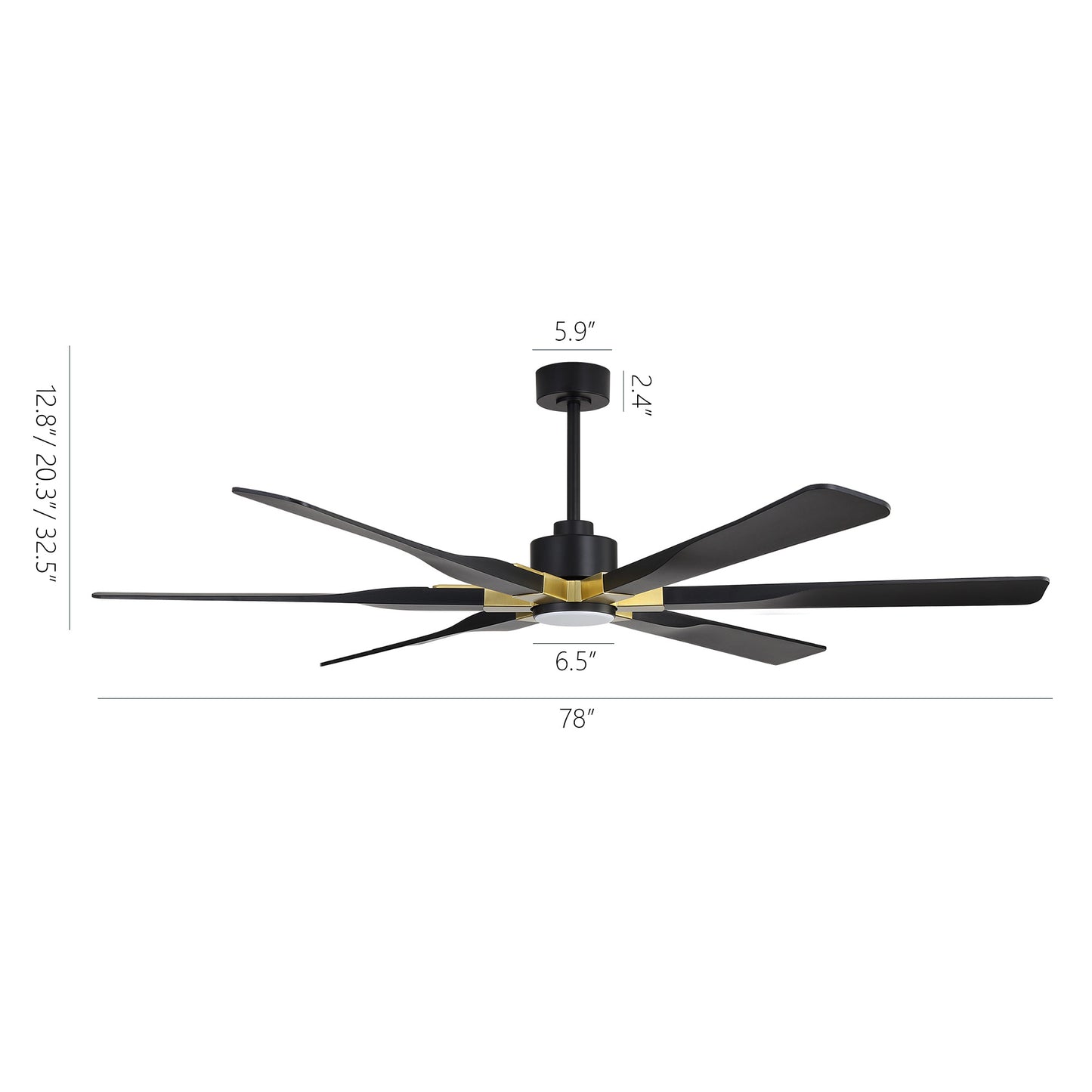 78" Black Ceiling Fan with Gold Accents and LED Light – 6-Blade Large Room Fan