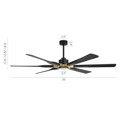 78" Black Ceiling Fan with Gold Accents and LED Light – 6-Blade Large Room Fan