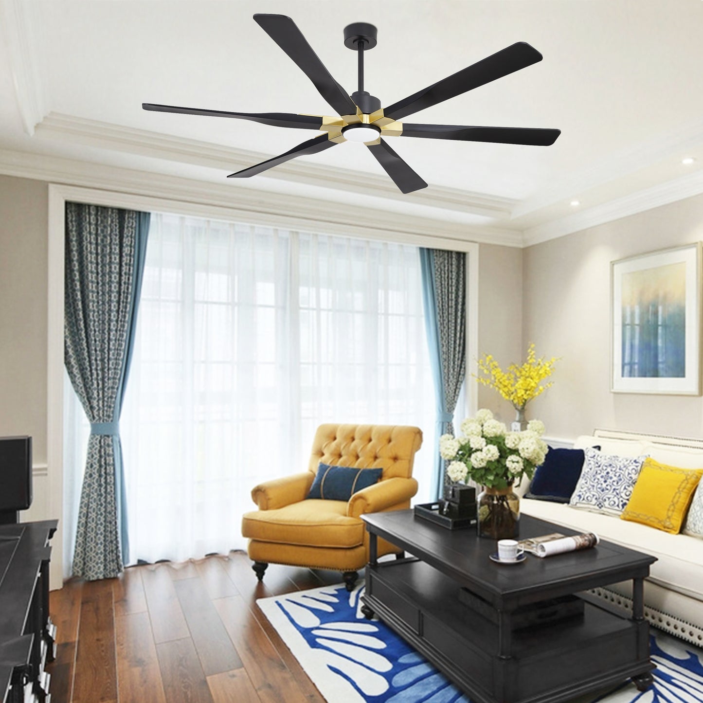 78" Black Ceiling Fan with Gold Accents and LED Light – 6-Blade Large Room Fan