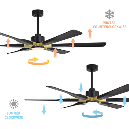78" Black Ceiling Fan with Gold Accents and LED Light – 6-Blade Large Room Fan