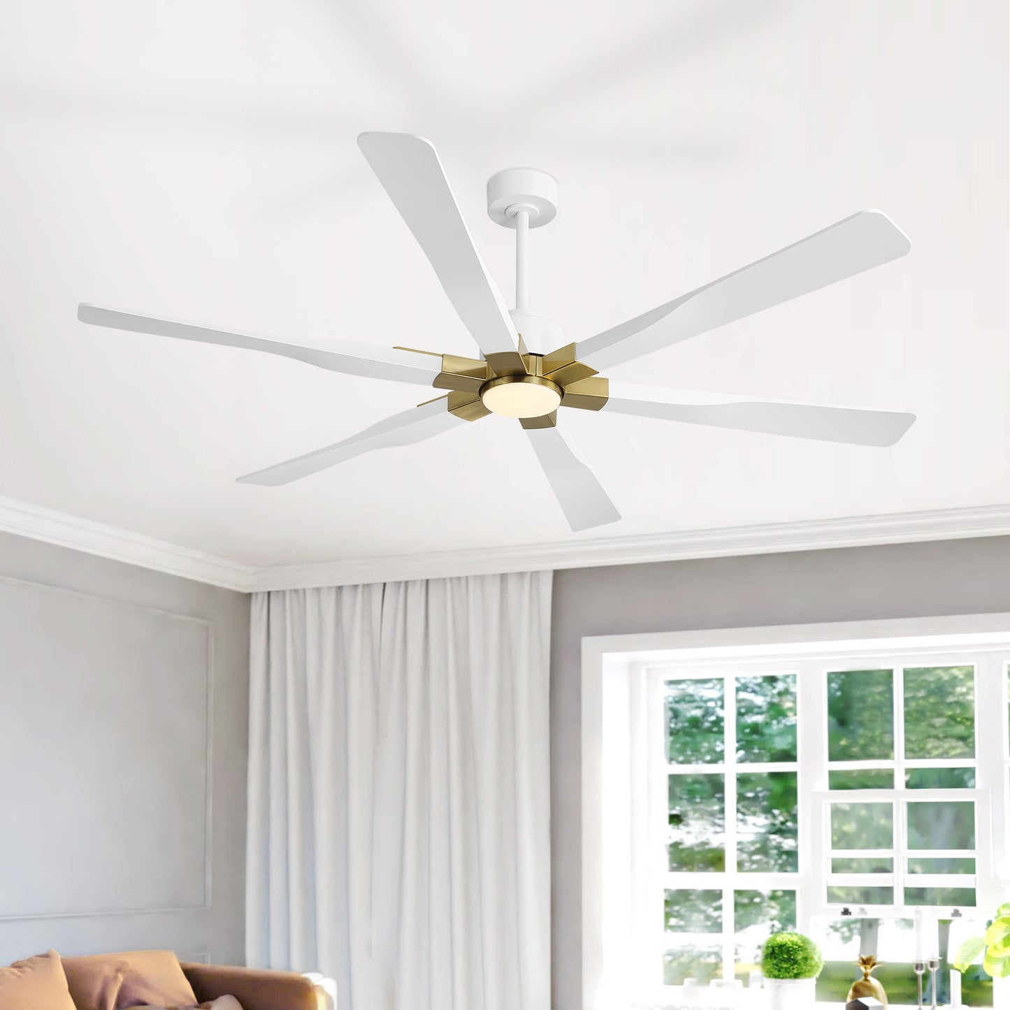 68" White Ceiling Fan with Gold Accents and LED Light – 6-Blade Modern Remote Fan