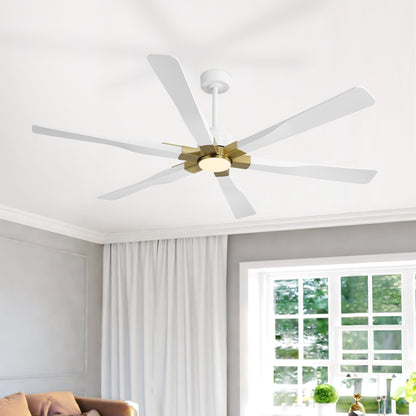 68" White Ceiling Fan with Gold Accents and LED Light – 6-Blade Modern Remote Fan