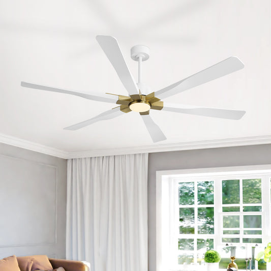 68" White Ceiling Fan with Gold Accents and LED Light – 6-Blade Modern Remote Fan