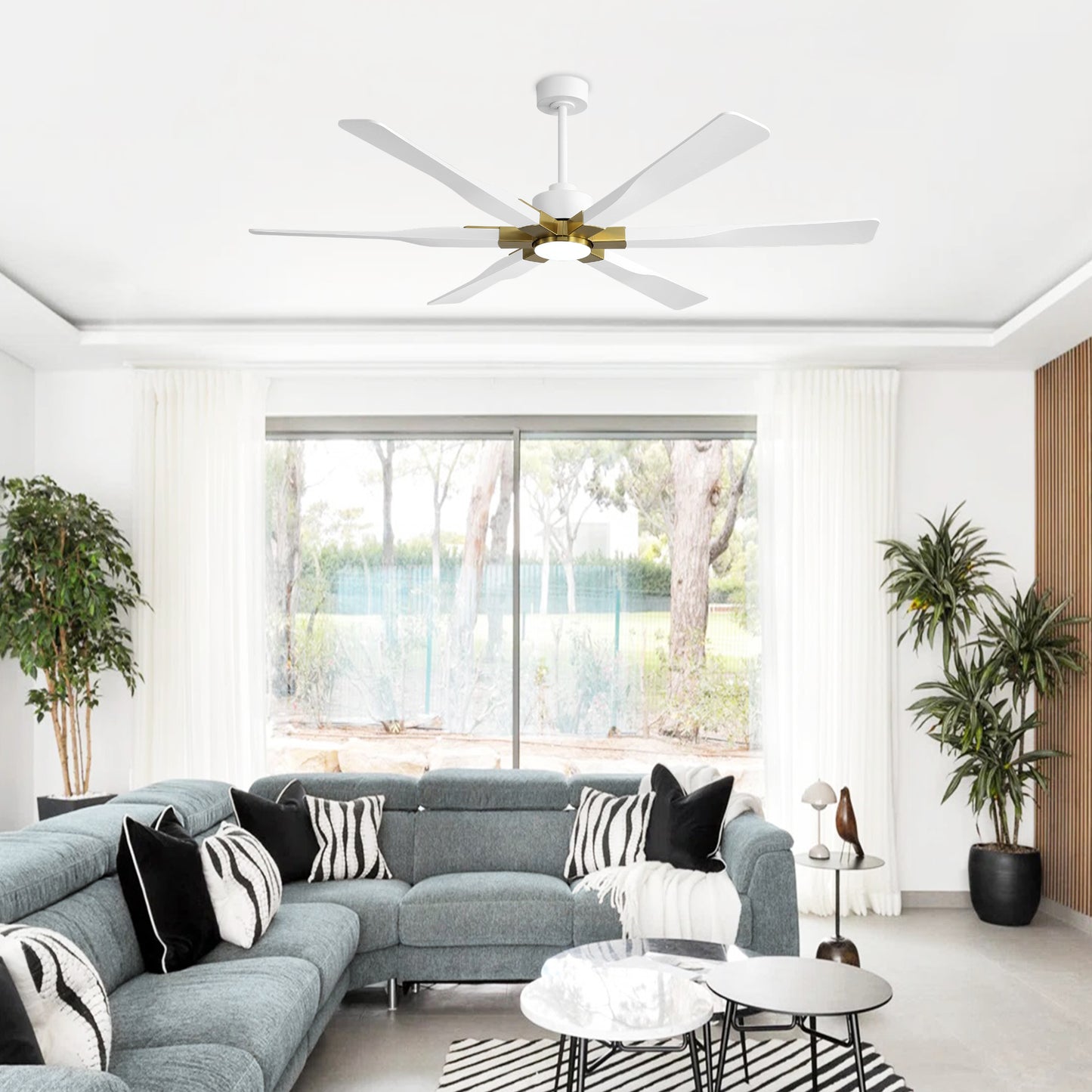 68" White Ceiling Fan with Gold Accents and LED Light – 6-Blade Modern Remote Fan
