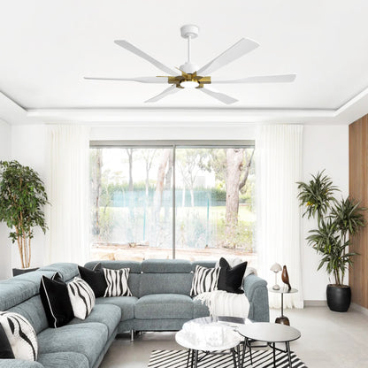 68" White Ceiling Fan with Gold Accents and LED Light – 6-Blade Modern Remote Fan