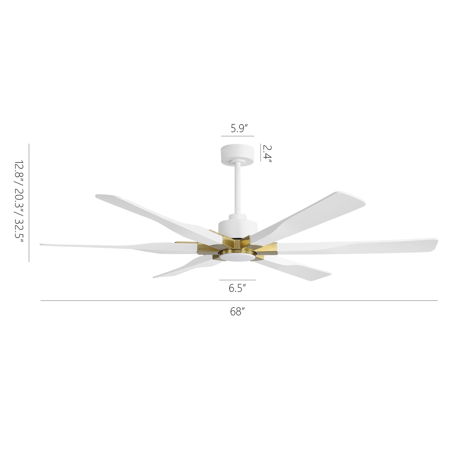 68" White Ceiling Fan with Gold Accents and LED Light – 6-Blade Modern Remote Fan