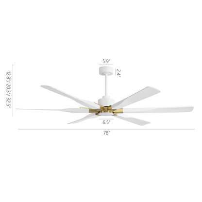 78" White Ceiling Fan with Gold Accents and LED Light – 6-Blade Large Room Fan