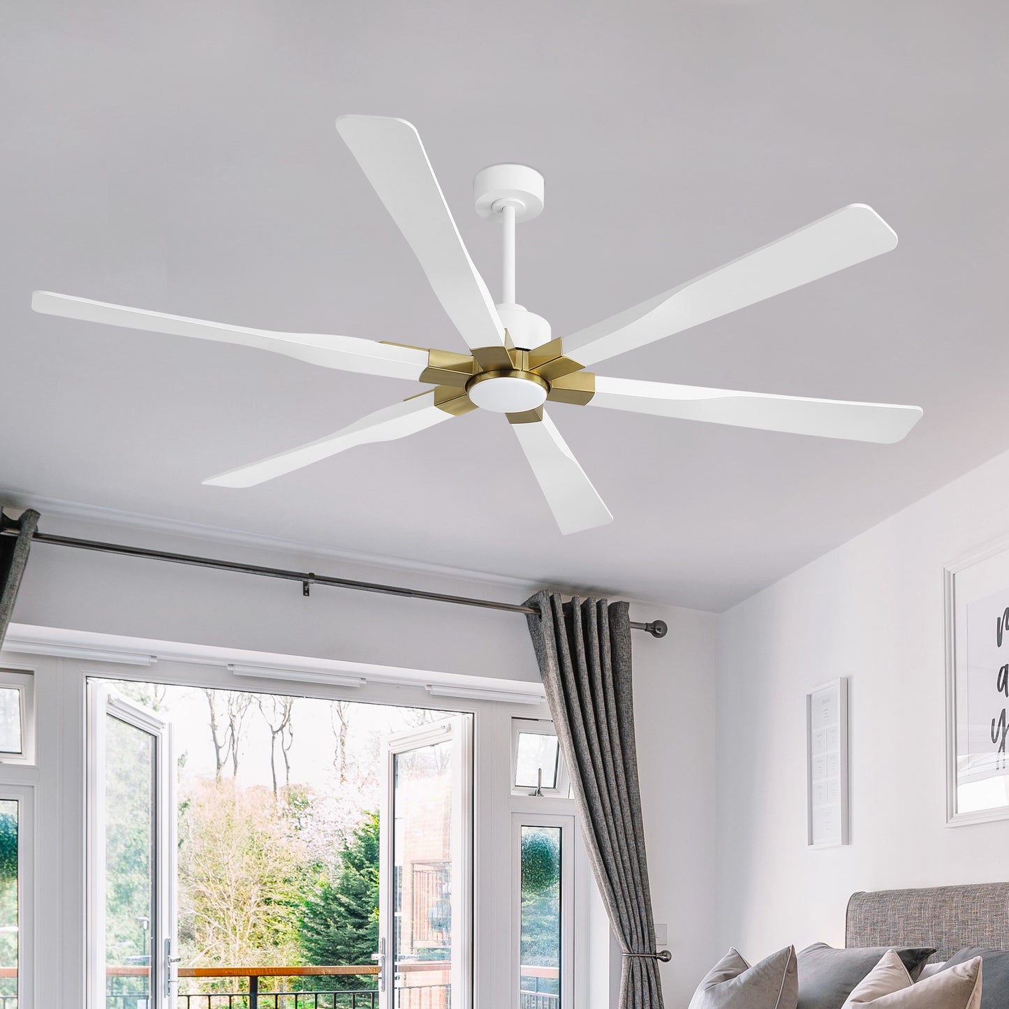 78" White Ceiling Fan with Gold Accents and LED Light – 6-Blade Large Room Fan