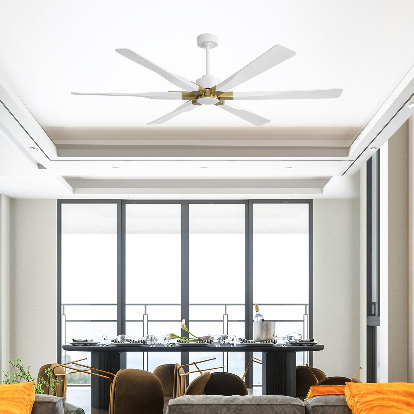 78" White Ceiling Fan with Gold Accents and LED Light – 6-Blade Large Room Fan