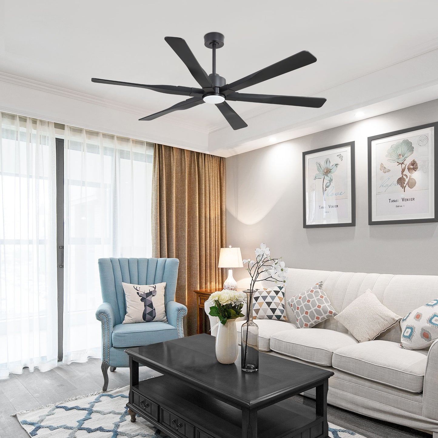 68" Matte Black Ceiling Fan with LED Light and Remote – 6-Blade Modern Fan
