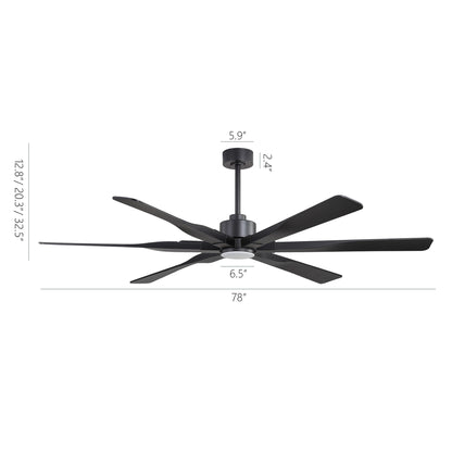 78" Matte Black Ceiling Fan with LED Light and Remote – 6-Blade Large Room Fan