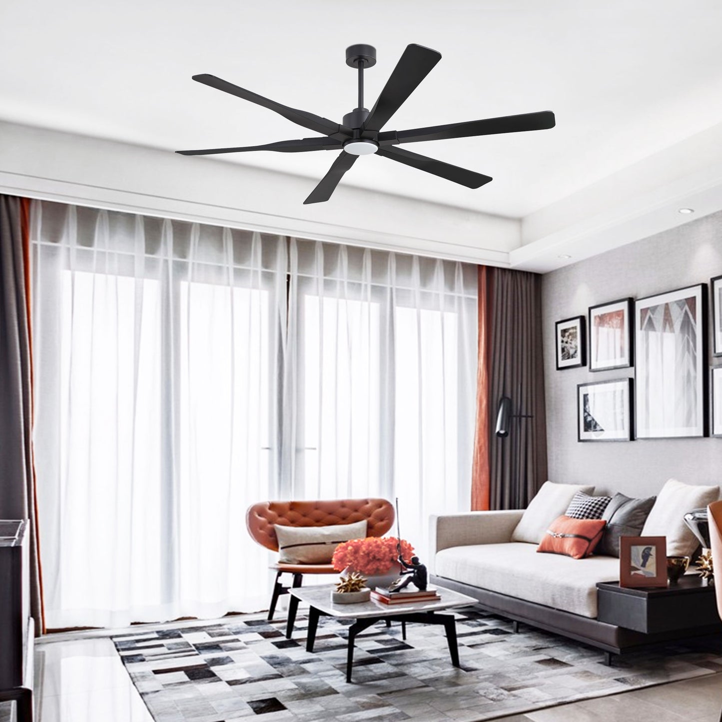 78" Matte Black Ceiling Fan with LED Light and Remote – 6-Blade Large Room Fan