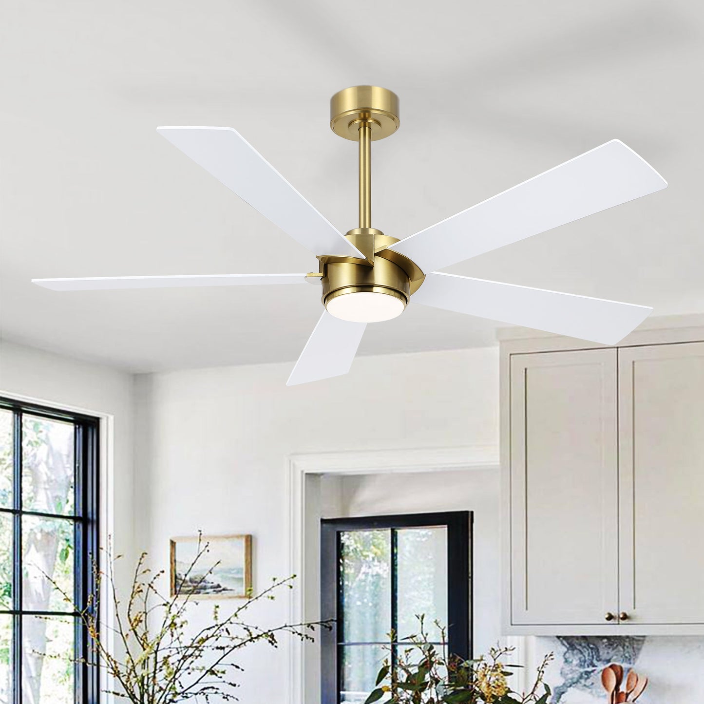 52" Gold & White Modern Ceiling Fan with Light & Remote – 6-Speed DC Motor, Dimmable LED