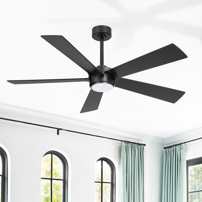 52" Black Modern Ceiling Fan with Light & Remote – 6-Speed DC Motor, Dimmable LED