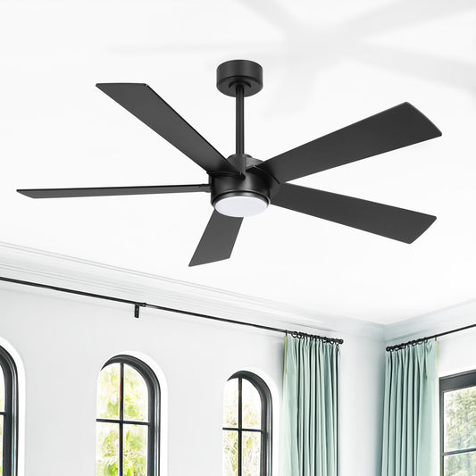52" Black Modern Ceiling Fan with Light & Remote – 6-Speed DC Motor, Dimmable LED