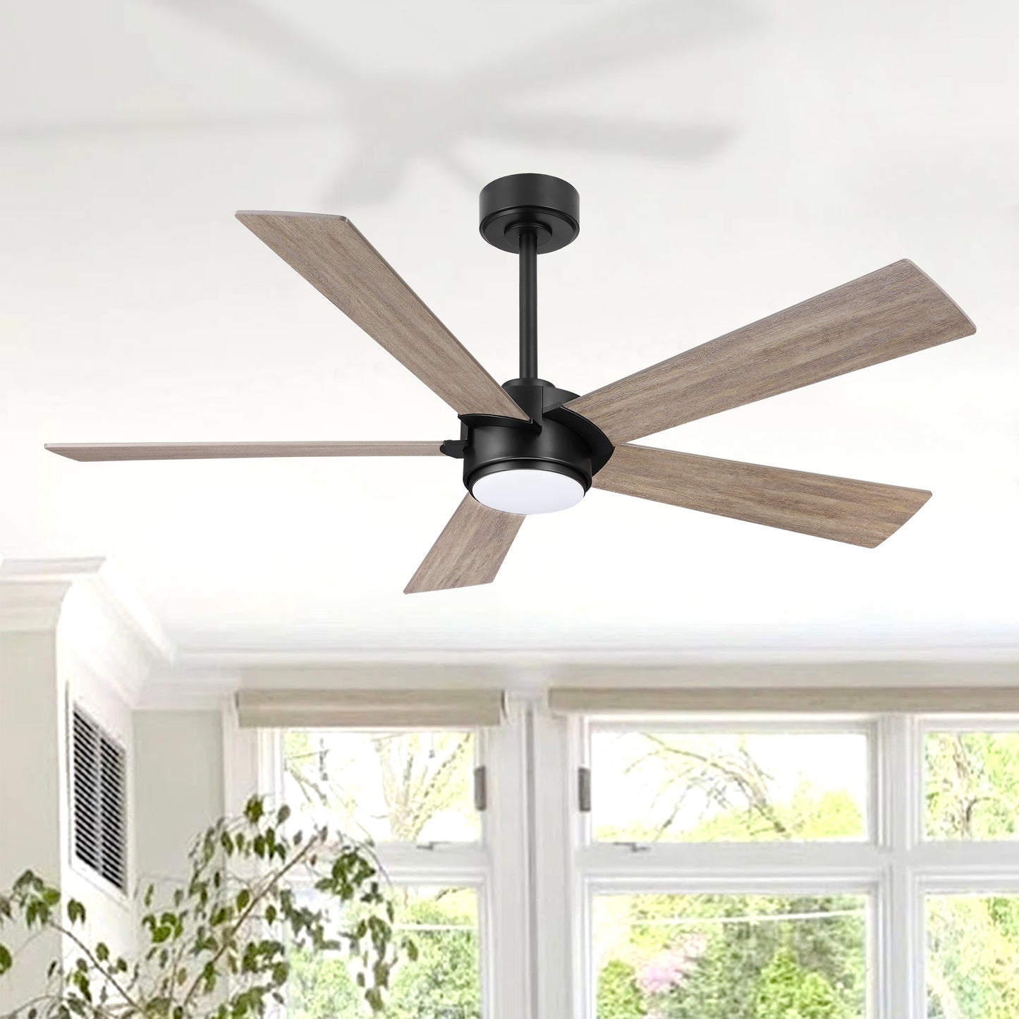 52" Black & Wood Modern Ceiling Fan with Light & Remote – 6-Speed DC Motor, Dimmable LED