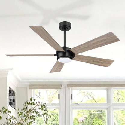 52" Black & Wood Modern Ceiling Fan with Light & Remote – 6-Speed DC Motor, Dimmable LED