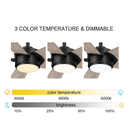 52" Black & Wood Modern Ceiling Fan with Light & Remote – 6-Speed DC Motor, Dimmable LED