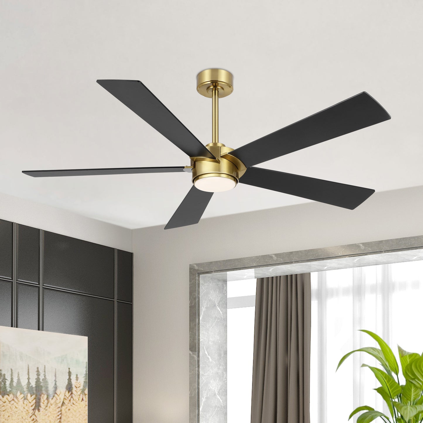 64" Gold & Black Ceiling Fan with Light & Remote – Modern 6-Speed, Quiet DC Motor