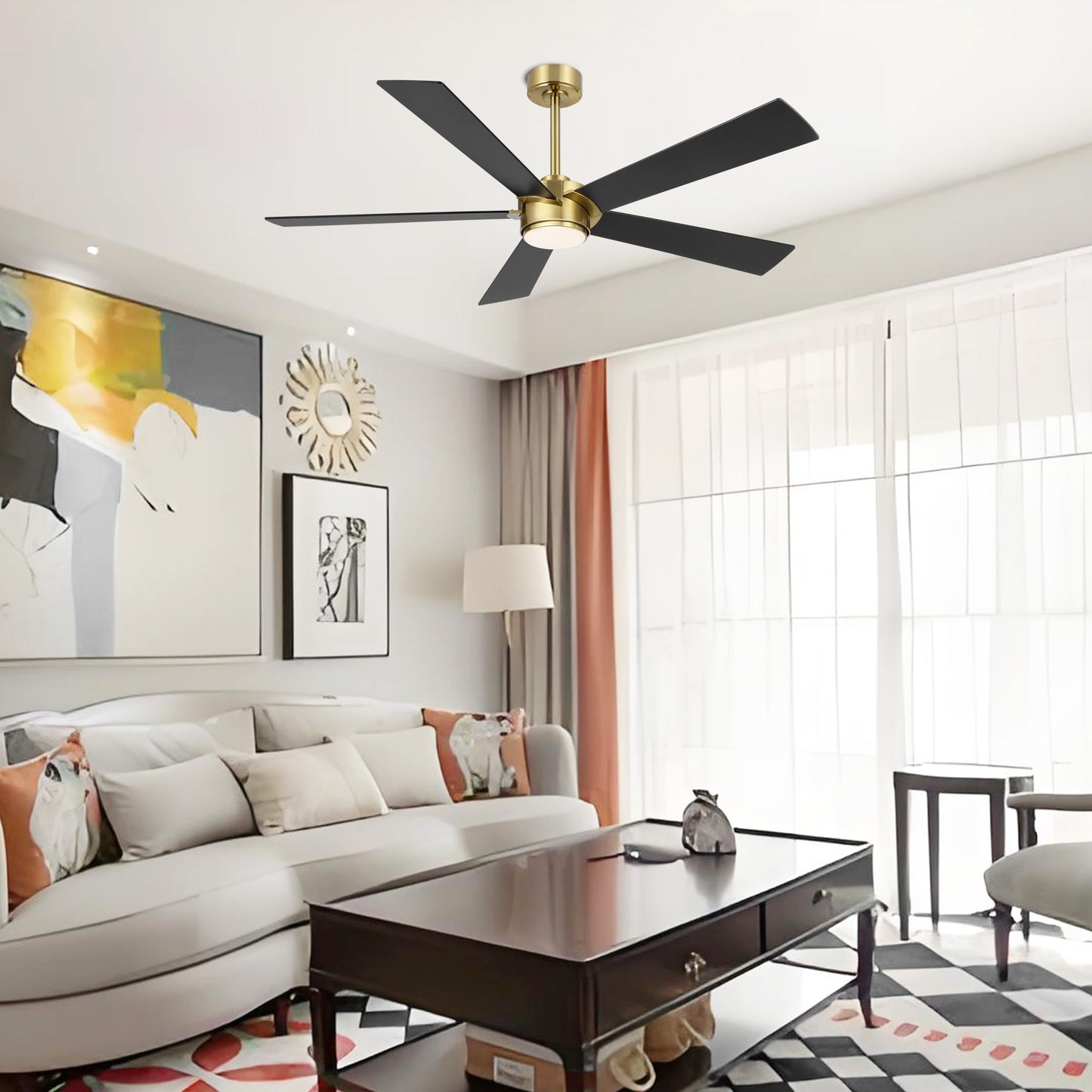 64" Gold & Black Ceiling Fan with Light & Remote – Modern 6-Speed, Quiet DC Motor