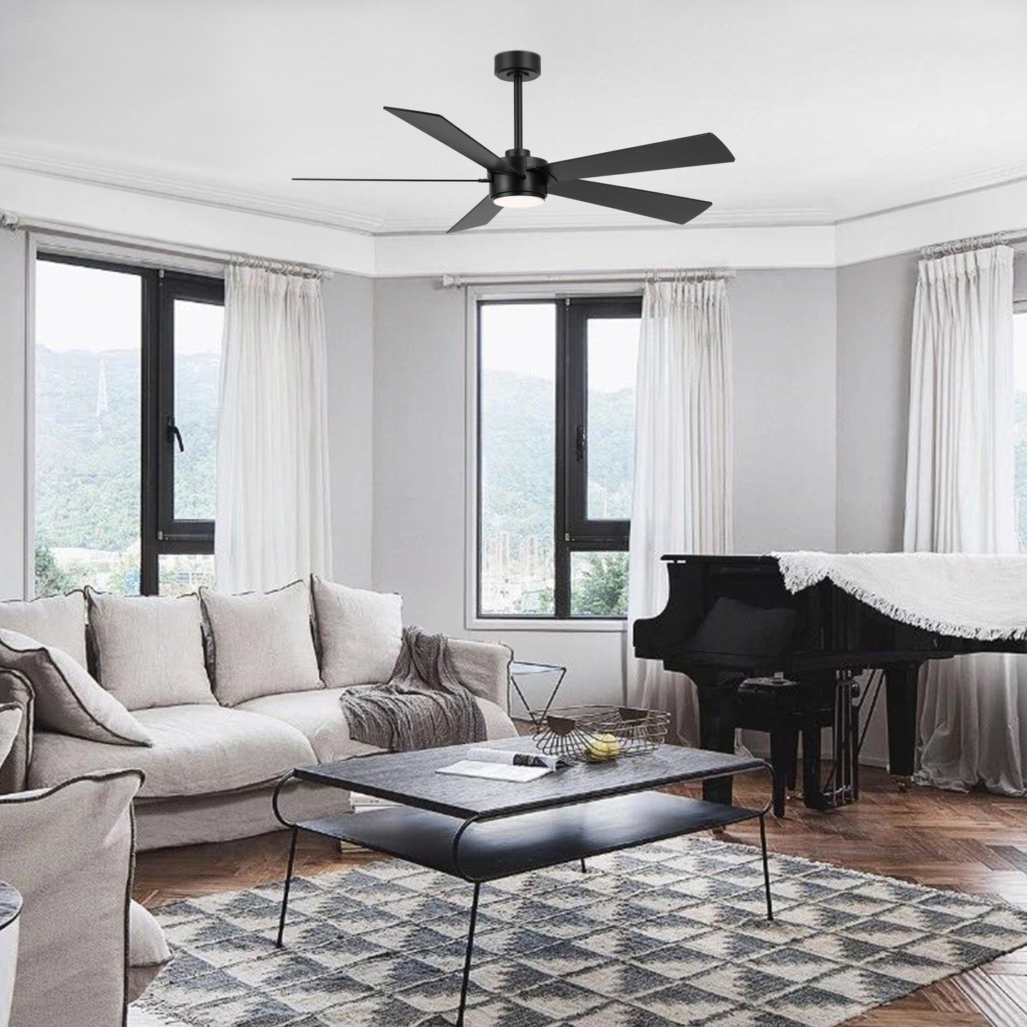 64" Matte Black Ceiling Fan with Light & Remote – Modern 6-Speed, Quiet DC Motor