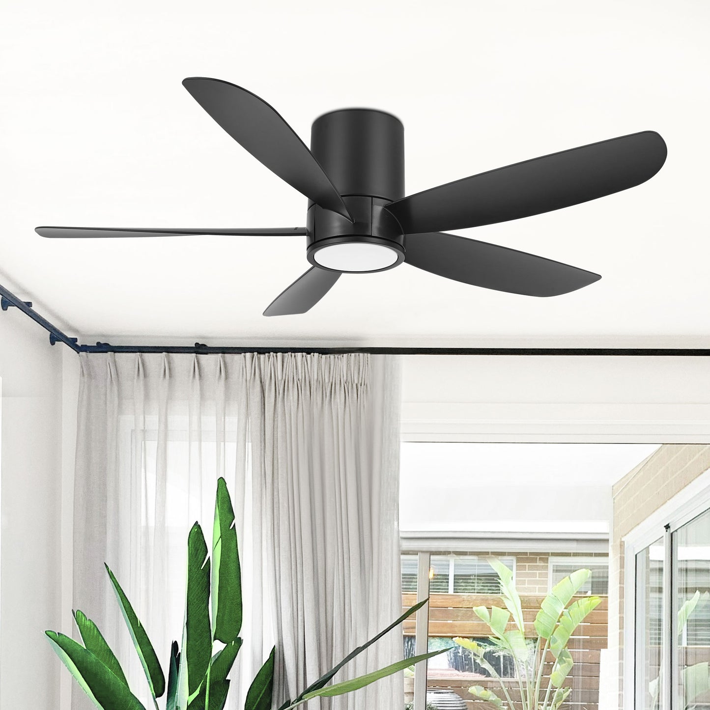 52" Flush Mount Ceiling Fan with LED Light and Remote – Black Low Profile Hugger Fan