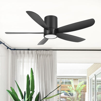 52" Flush Mount Ceiling Fan with LED Light and Remote – Black Low Profile Hugger Fan