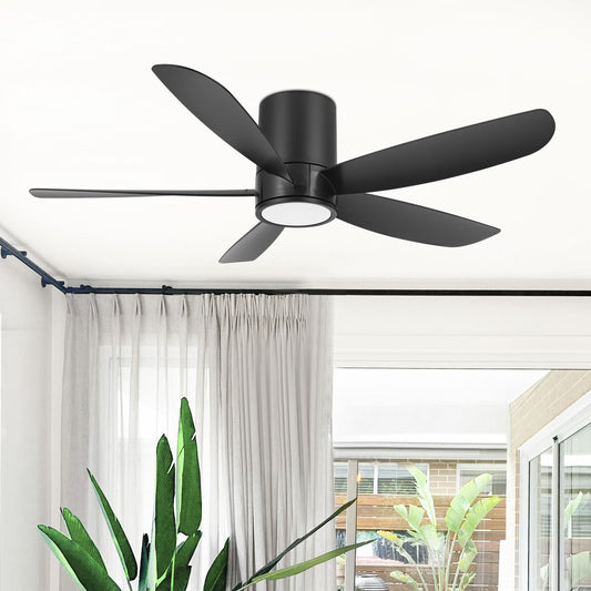 52" Flush Mount Ceiling Fan with LED Light and Remote – Black Low Profile Hugger Fan