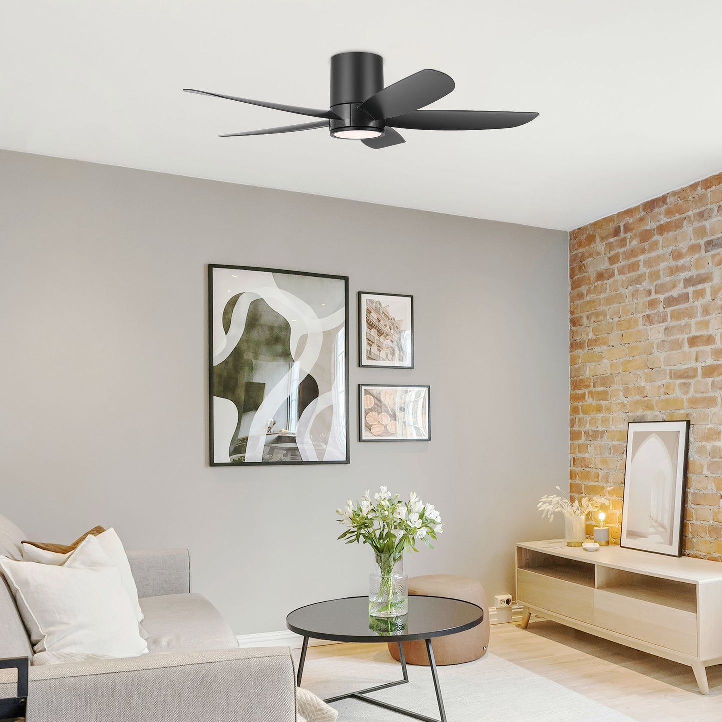 52" Flush Mount Ceiling Fan with LED Light and Remote – Black Low Profile Hugger Fan