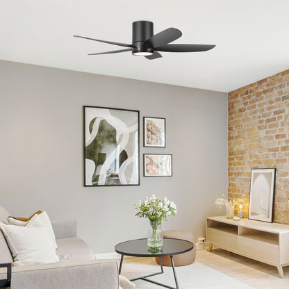 52" Flush Mount Ceiling Fan with LED Light and Remote – Black Low Profile Hugger Fan