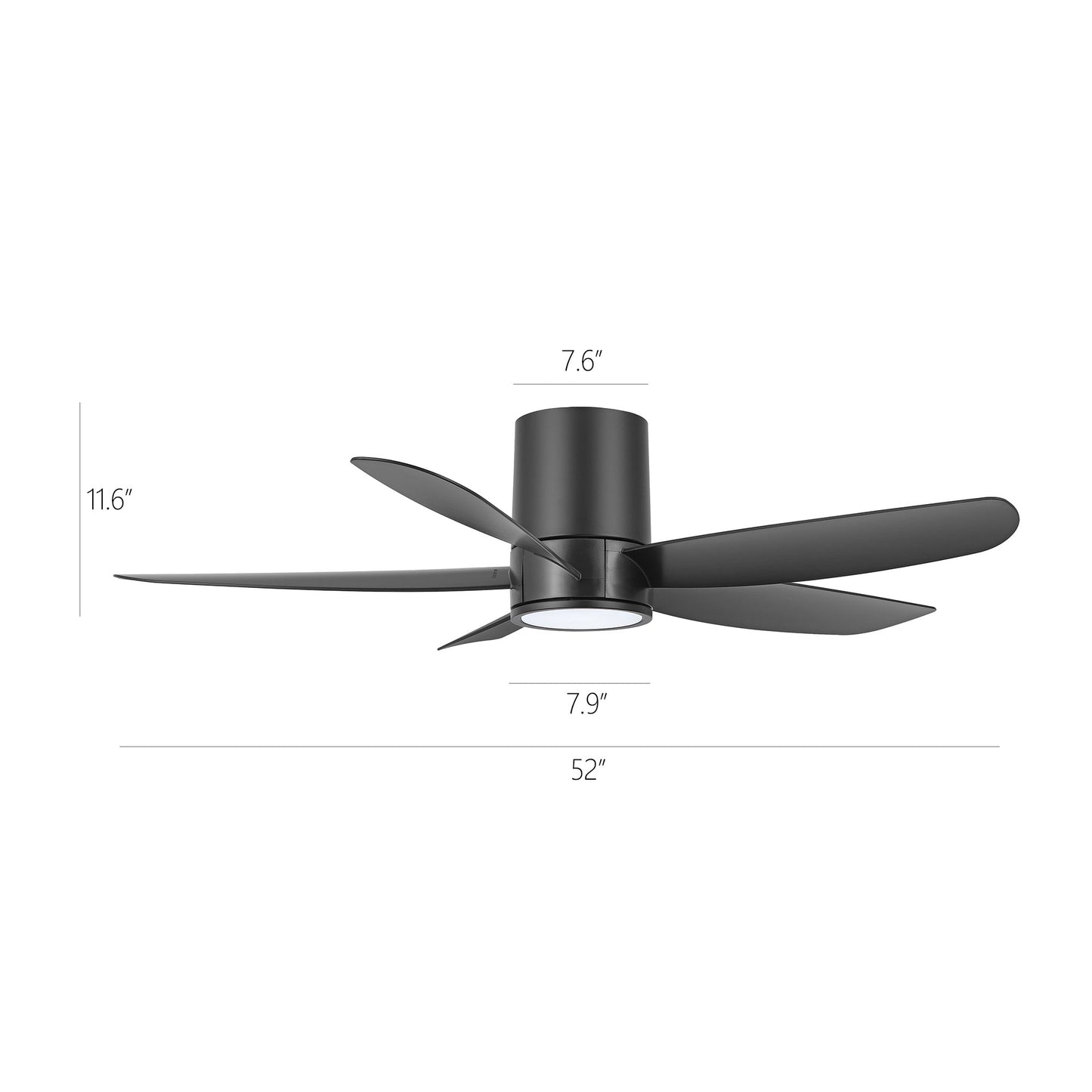 52" Flush Mount Ceiling Fan with LED Light and Remote – Black Low Profile Hugger Fan