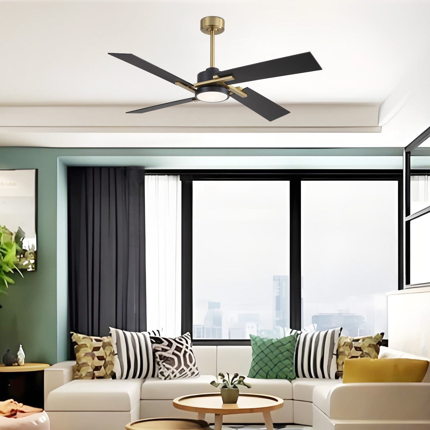 56" Gold and Black Ceiling Fan with LED Light – Modern Dimmable Fan with Remote