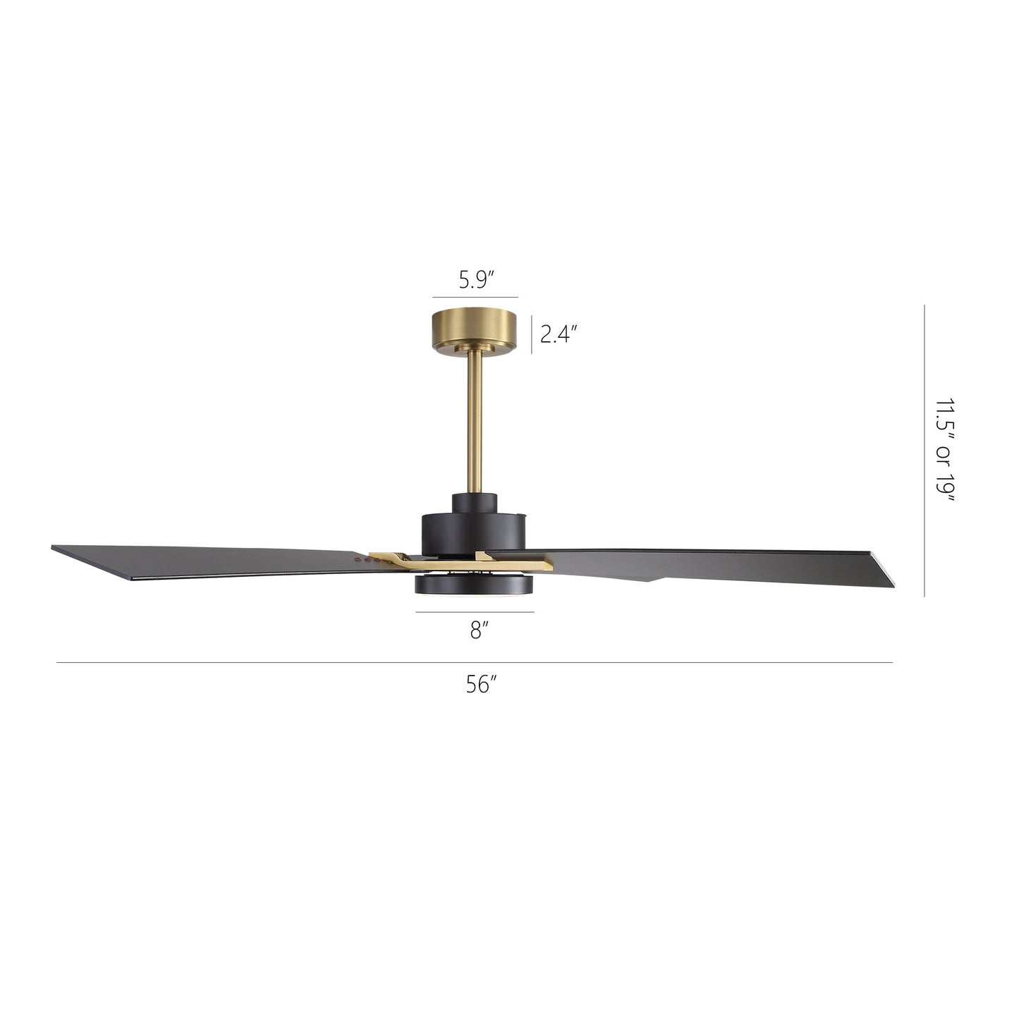 56" Gold and Black Ceiling Fan with LED Light – Modern Dimmable Fan with Remote