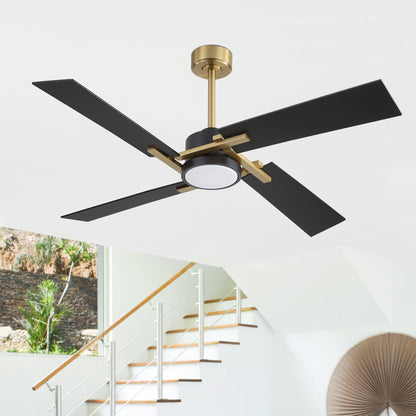 56" Gold and Black Ceiling Fan with LED Light – Modern Dimmable Fan with Remote