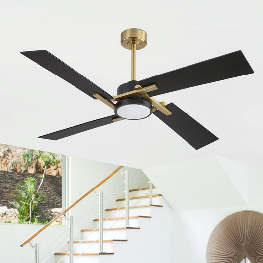 56" Gold and Black Ceiling Fan with LED Light – Modern Dimmable Fan with Remote