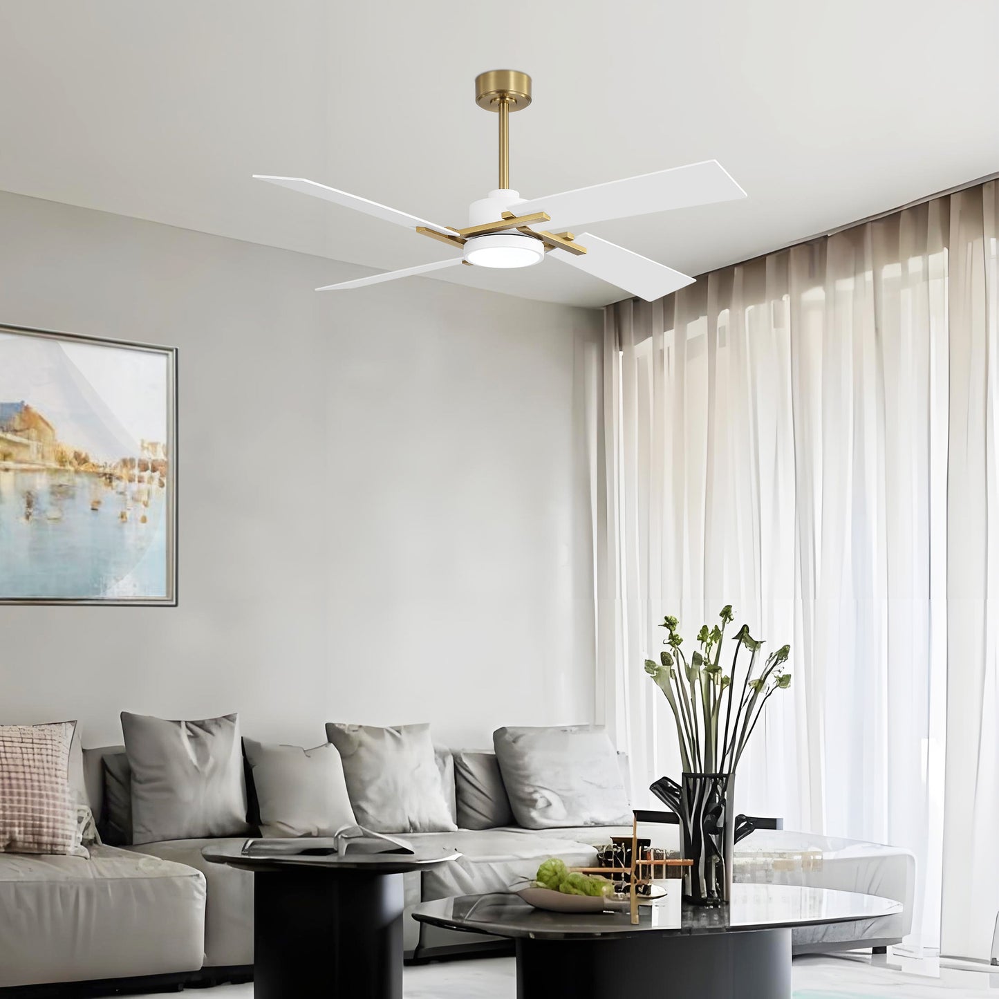 56" Gold and White Ceiling Fan with LED Light – Modern Dimmable Fan with Remote