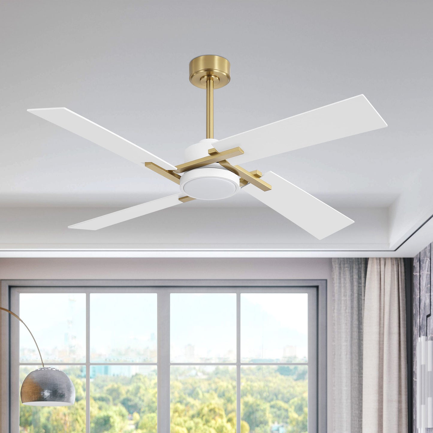 56" Gold and White Ceiling Fan with LED Light – Modern Dimmable Fan with Remote