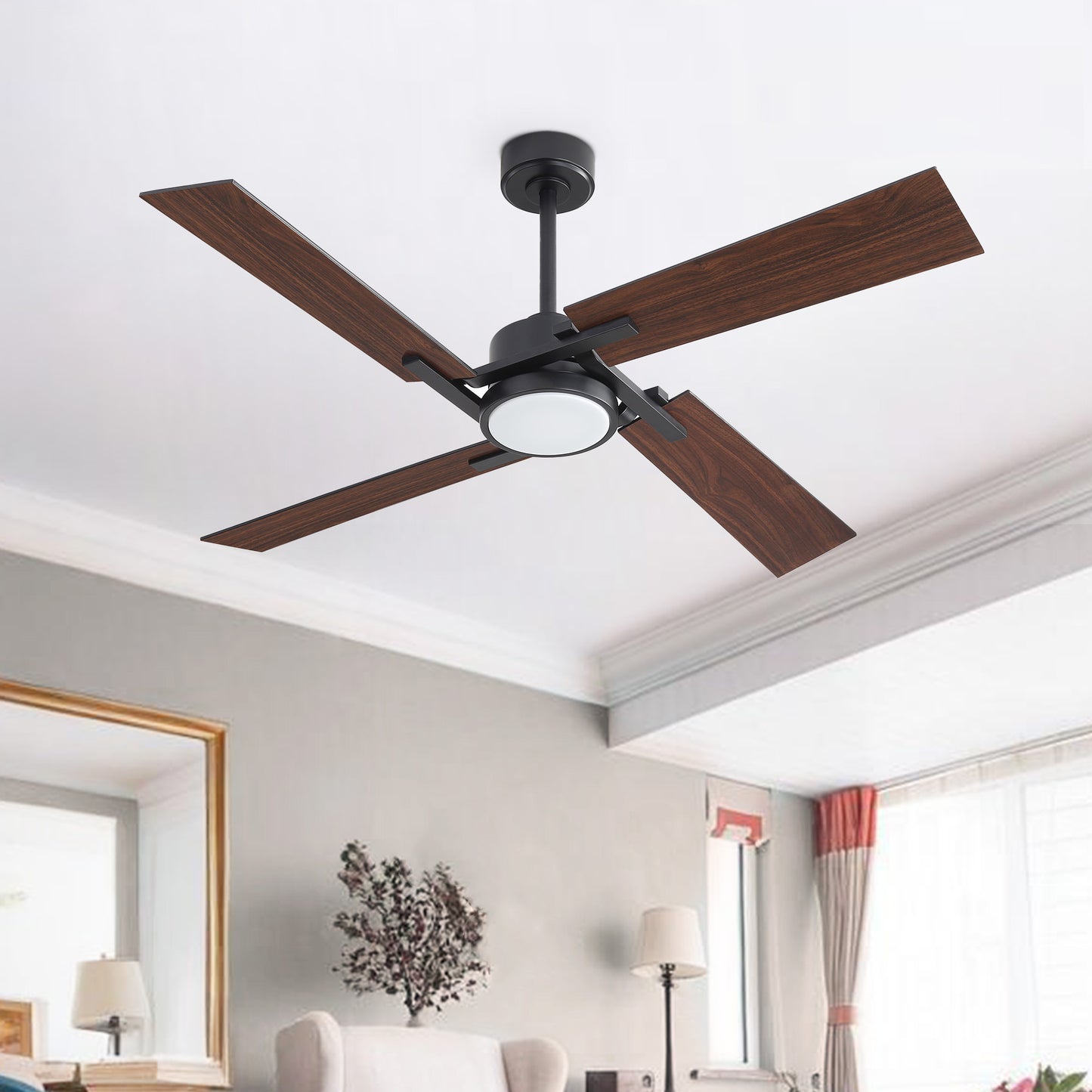 56" Black Ceiling Fan with Wood Blades and LED Light – Modern Dimmable Fan with Remote