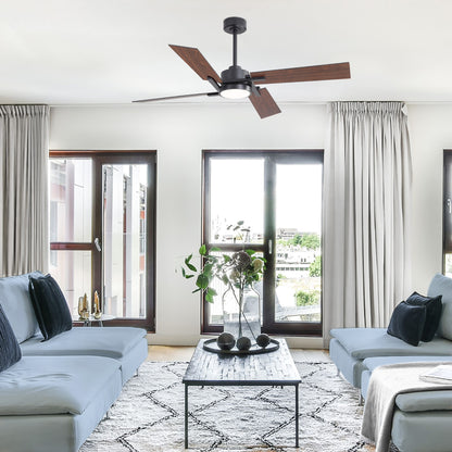 56" Black Ceiling Fan with Wood Blades and LED Light – Modern Dimmable Fan with Remote