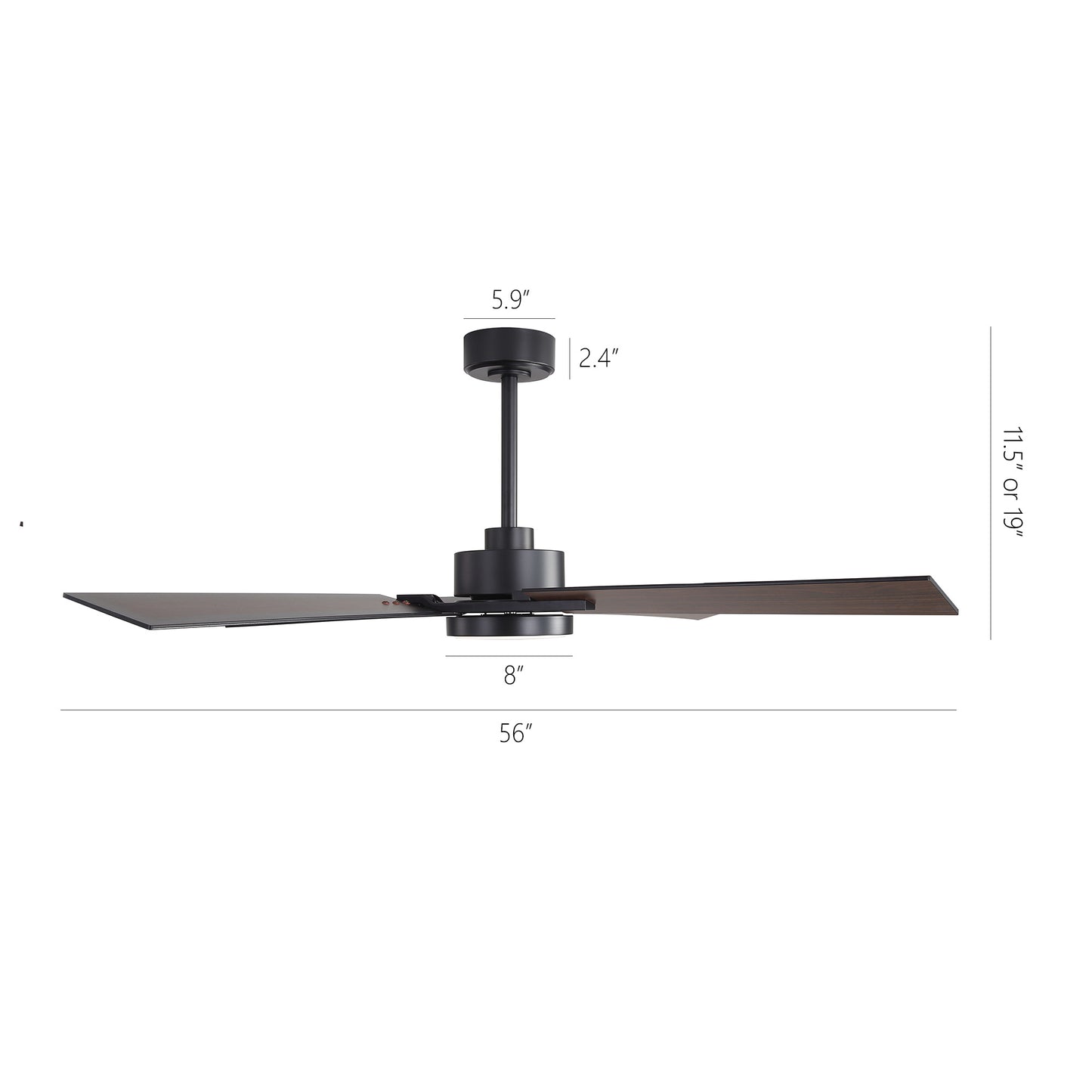 56" Black Ceiling Fan with Wood Blades and LED Light – Modern Dimmable Fan with Remote