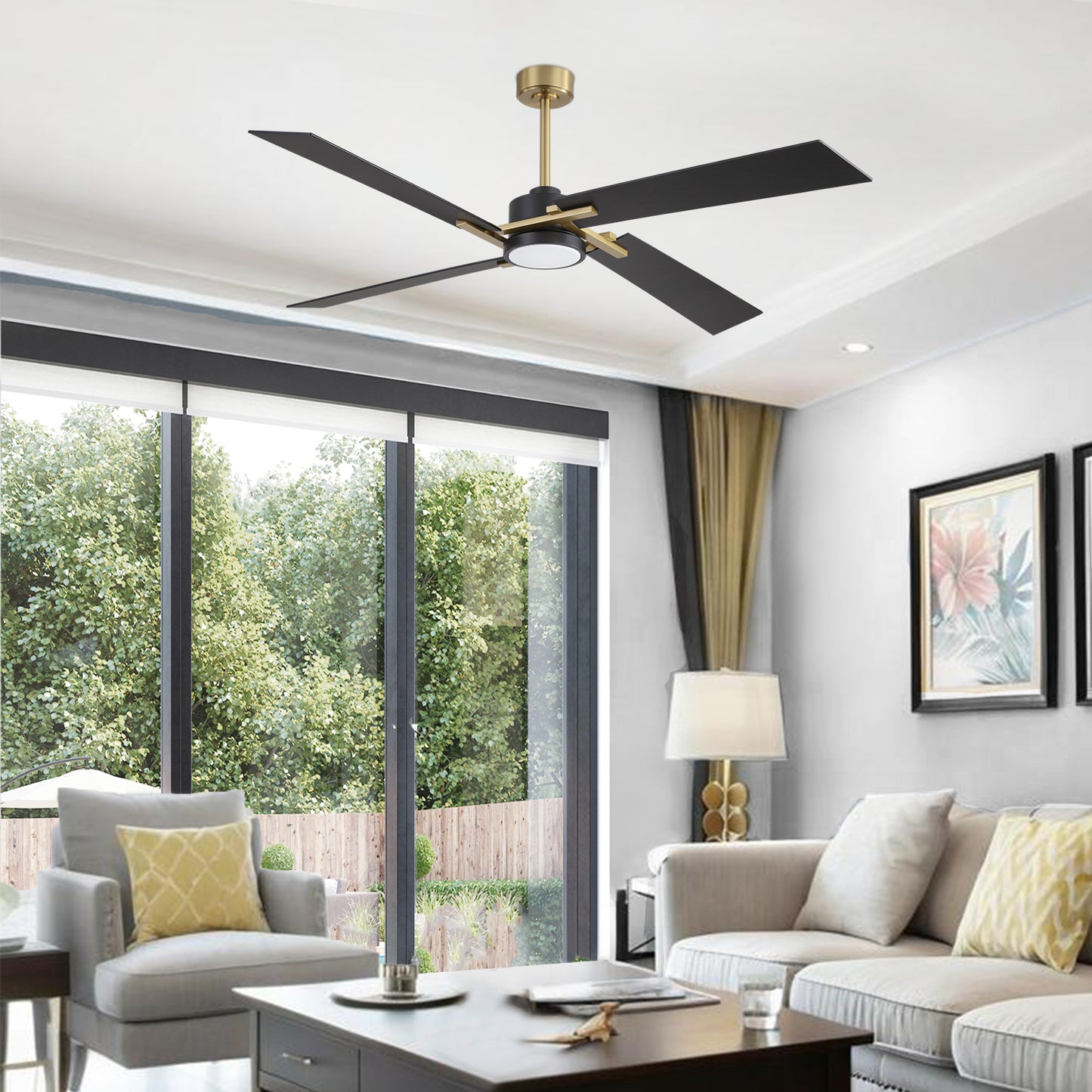 72" Gold and Black Ceiling Fan with LED Light – Modern Dimmable Fan with Remote