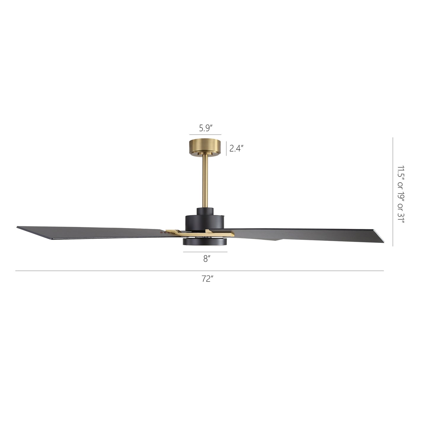 72" Gold and Black Ceiling Fan with LED Light – Modern Dimmable Fan with Remote