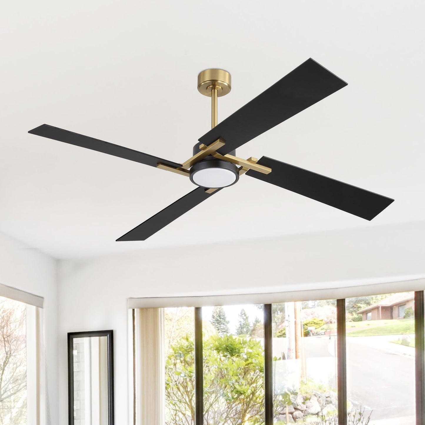 72" Gold and Black Ceiling Fan with LED Light – Modern Dimmable Fan with Remote
